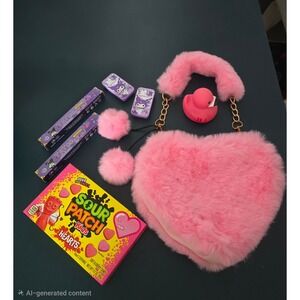 Pink Plush Heart Purse Valentines Birthday Gift~7 Pc Set Kuromi Girls Kawaii Set